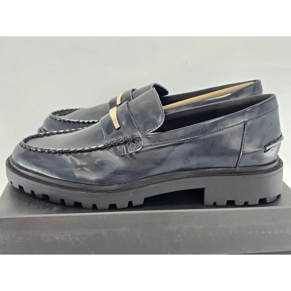 BCBG Laney Loafers Womens Size 9.5 Black Lug Sole Gold Hardware - New